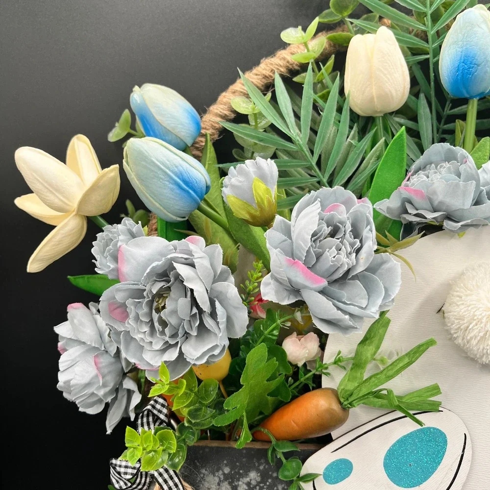 Happy Easter Bunny Bucket Wall Decor Floral Rustic 20.5